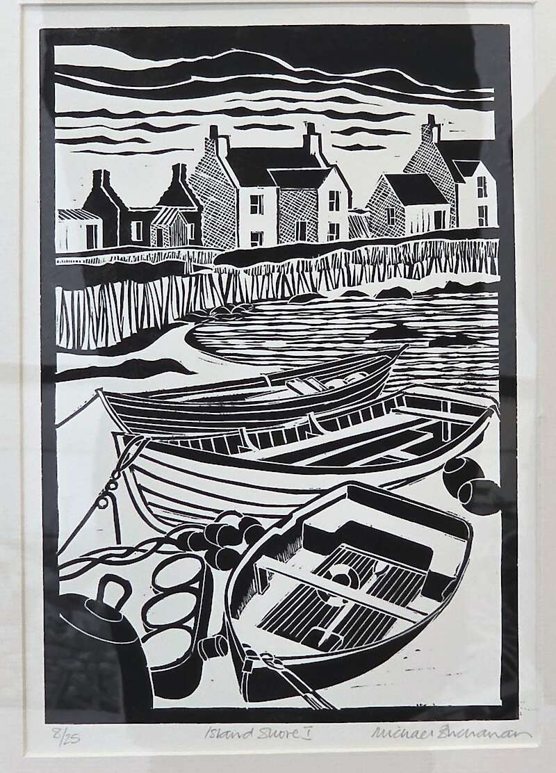 Island shore linocut by Michael Buchanan